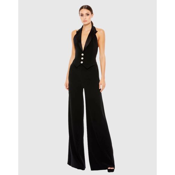 Mac Duggal 2643 Jet Black Tuxedo Halter Sleeveless Wide Leg Jumpsuit Size 2 NWT